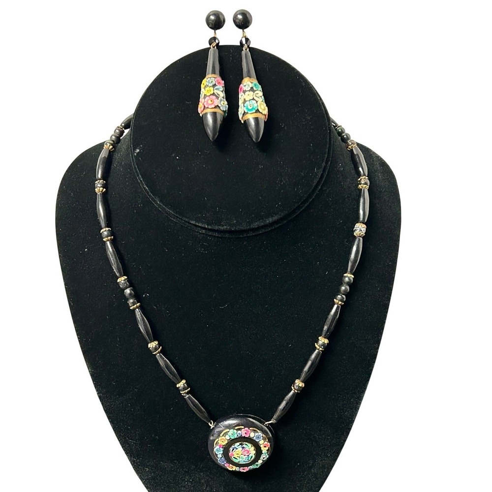 Vintage Floral Micro Mosaic‎ Jewelry Set Earrings and Beaded Necklace w/Pendant